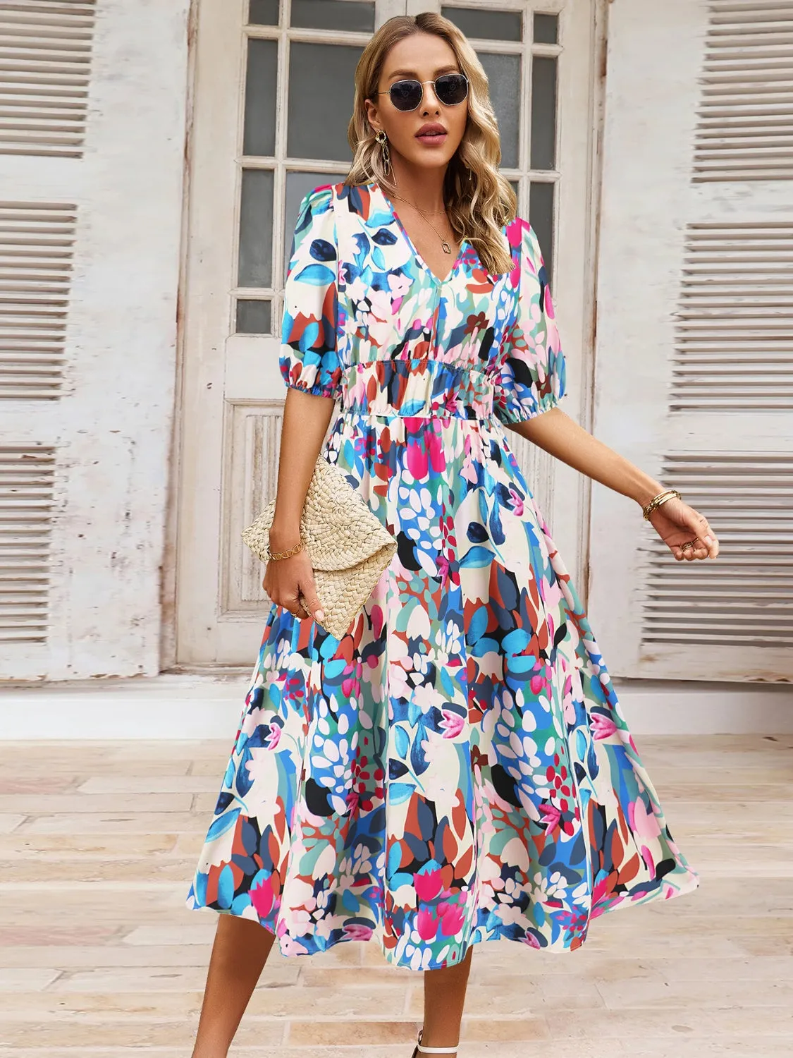 🌸 Ruched Printed Surplice Short Sleeve Dress 🌸