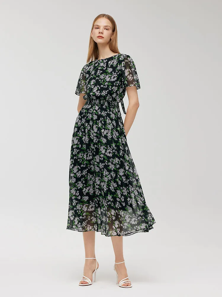 10 Momme Mulberry Silk Floral Printed Bow Tie Neck Women Midi Dress