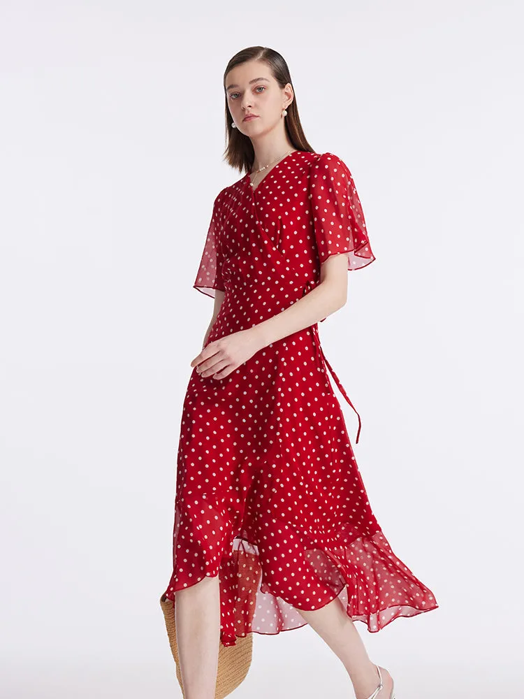 10 Momme Mulberry Silk Polka Dots Printed Wrapped Ruffle Women Midi Dress