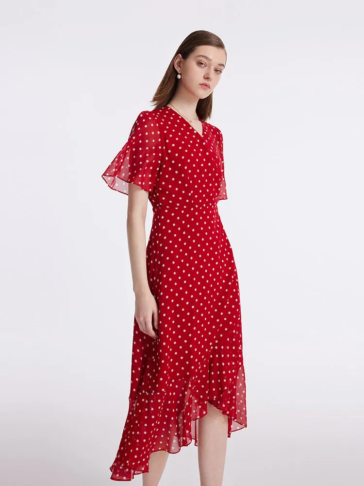 10 Momme Mulberry Silk Polka Dots Printed Wrapped Ruffle Women Midi Dress