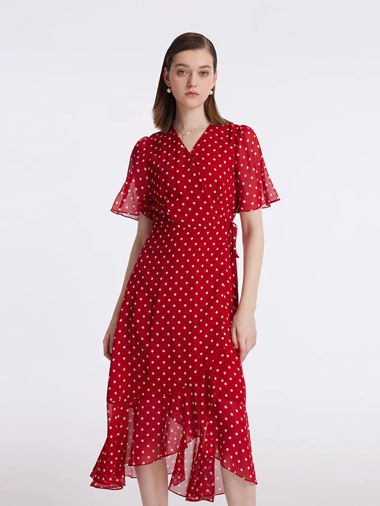 10 Momme Mulberry Silk Polka Dots Printed Wrapped Ruffle Women Midi Dress