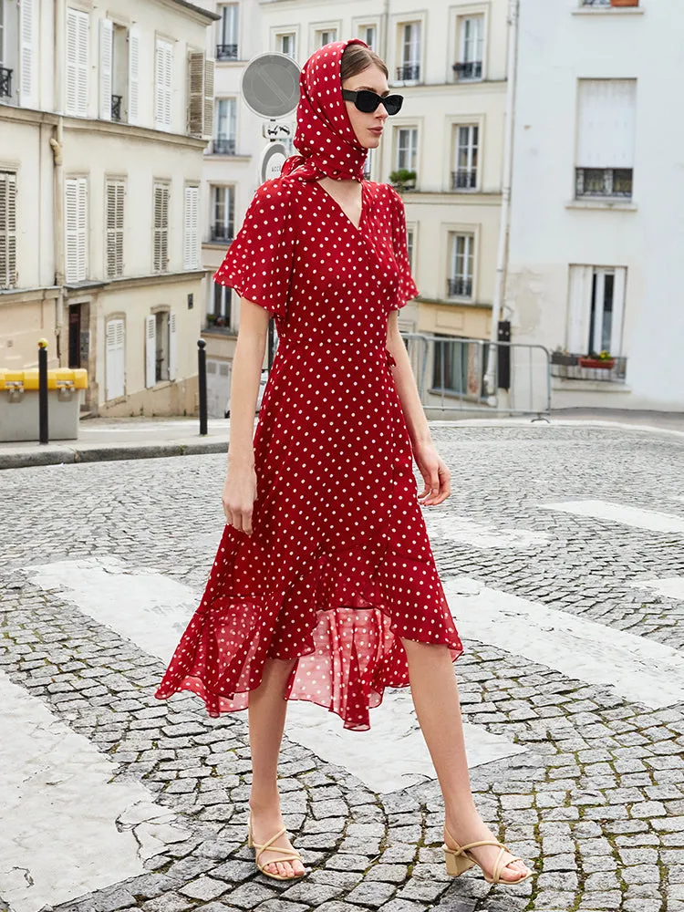 10 Momme Mulberry Silk Polka Dots Printed Wrapped Ruffle Women Midi Dress