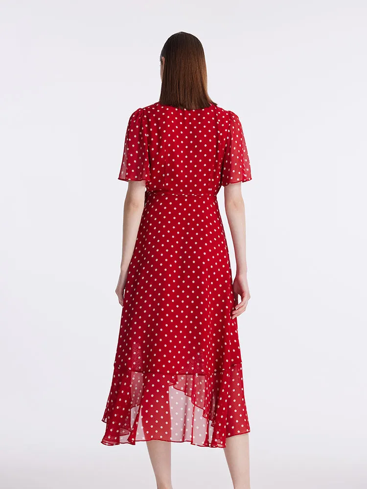 10 Momme Mulberry Silk Polka Dots Printed Wrapped Ruffle Women Midi Dress