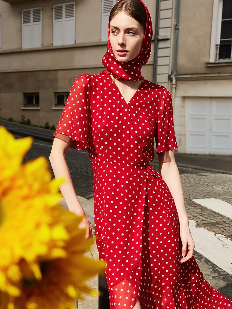 10 Momme Mulberry Silk Polka Dots Printed Wrapped Ruffle Women Midi Dress