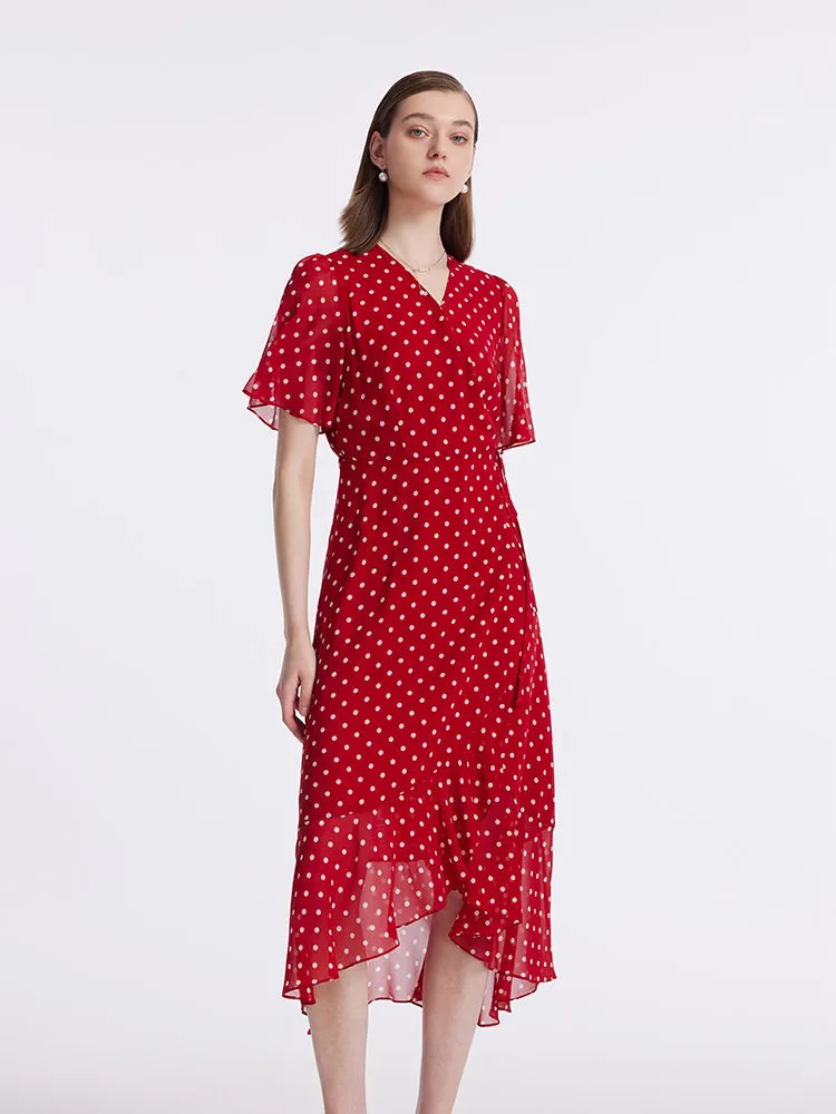 10 Momme Mulberry Silk Polka Dots Printed Wrapped Ruffle Women Midi Dress