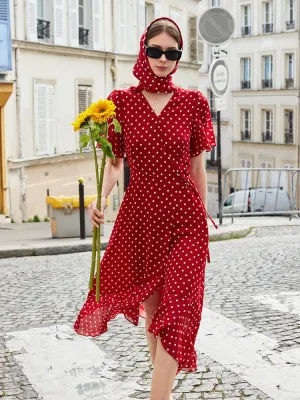 10 Momme Mulberry Silk Polka Dots Printed Wrapped Ruffle Women Midi Dress