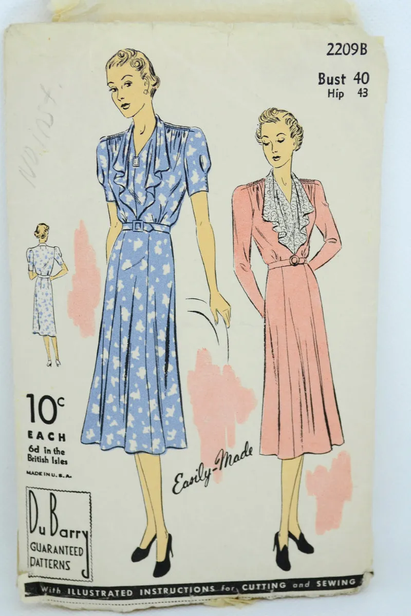 1930s DuBarry 2209b Vintage Dress w Jabot Sewing Pattern Large