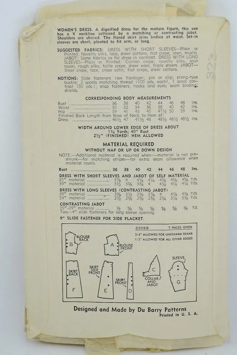 1930s DuBarry 2209b Vintage Dress w Jabot Sewing Pattern Large