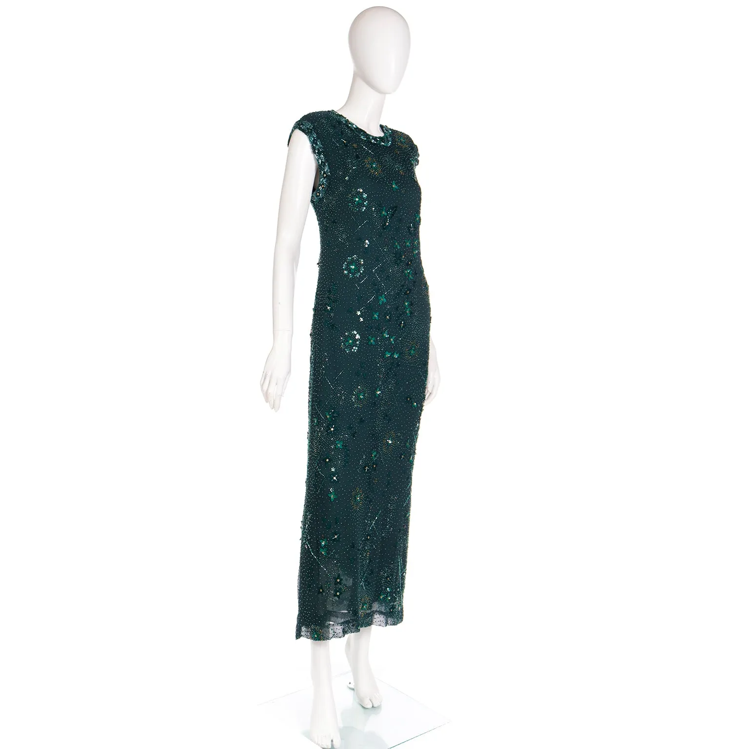 1980s Richilene Dark Green Long Dress Vintage Beaded Evening Gown w Wrap