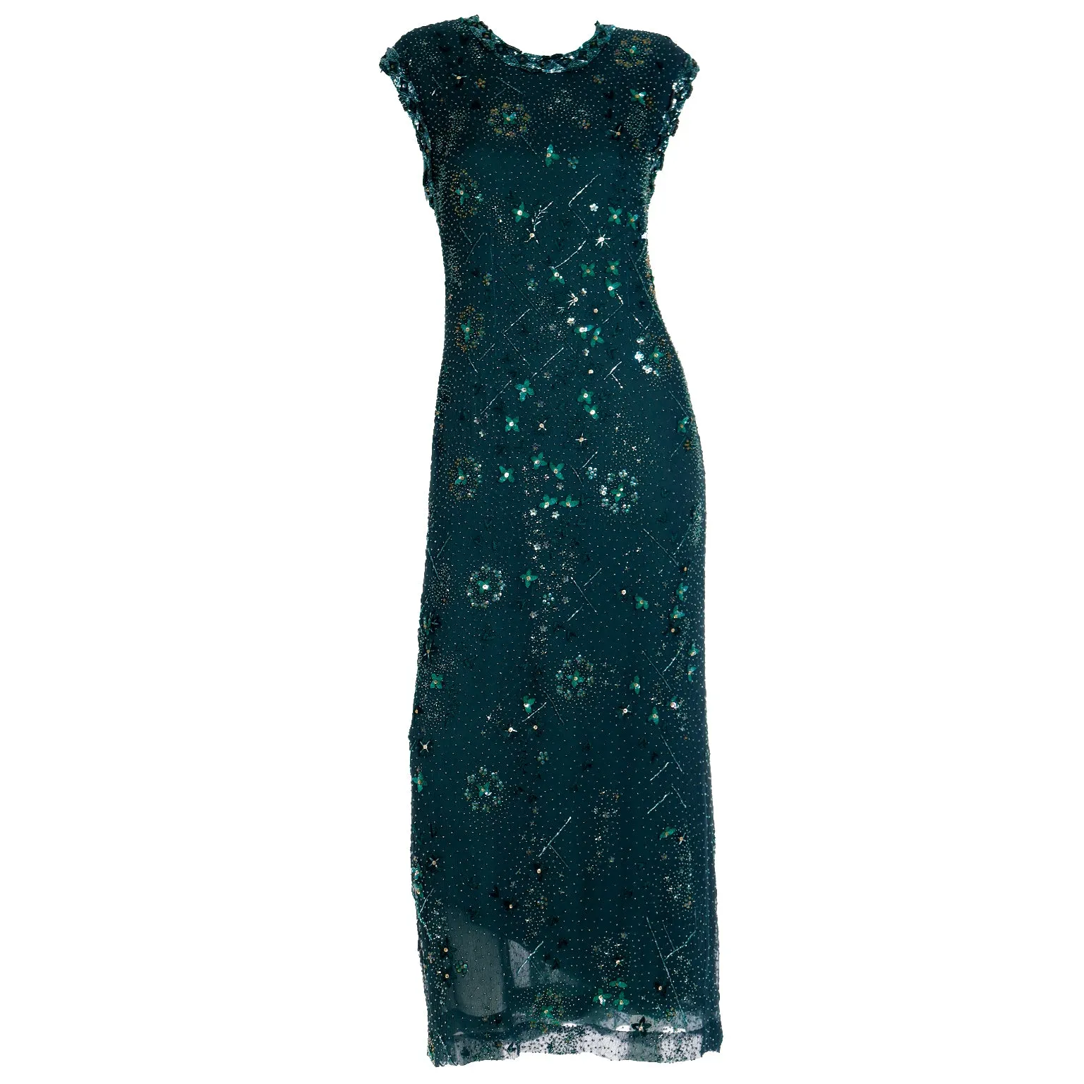 1980s Richilene Dark Green Long Dress Vintage Beaded Evening Gown w Wrap