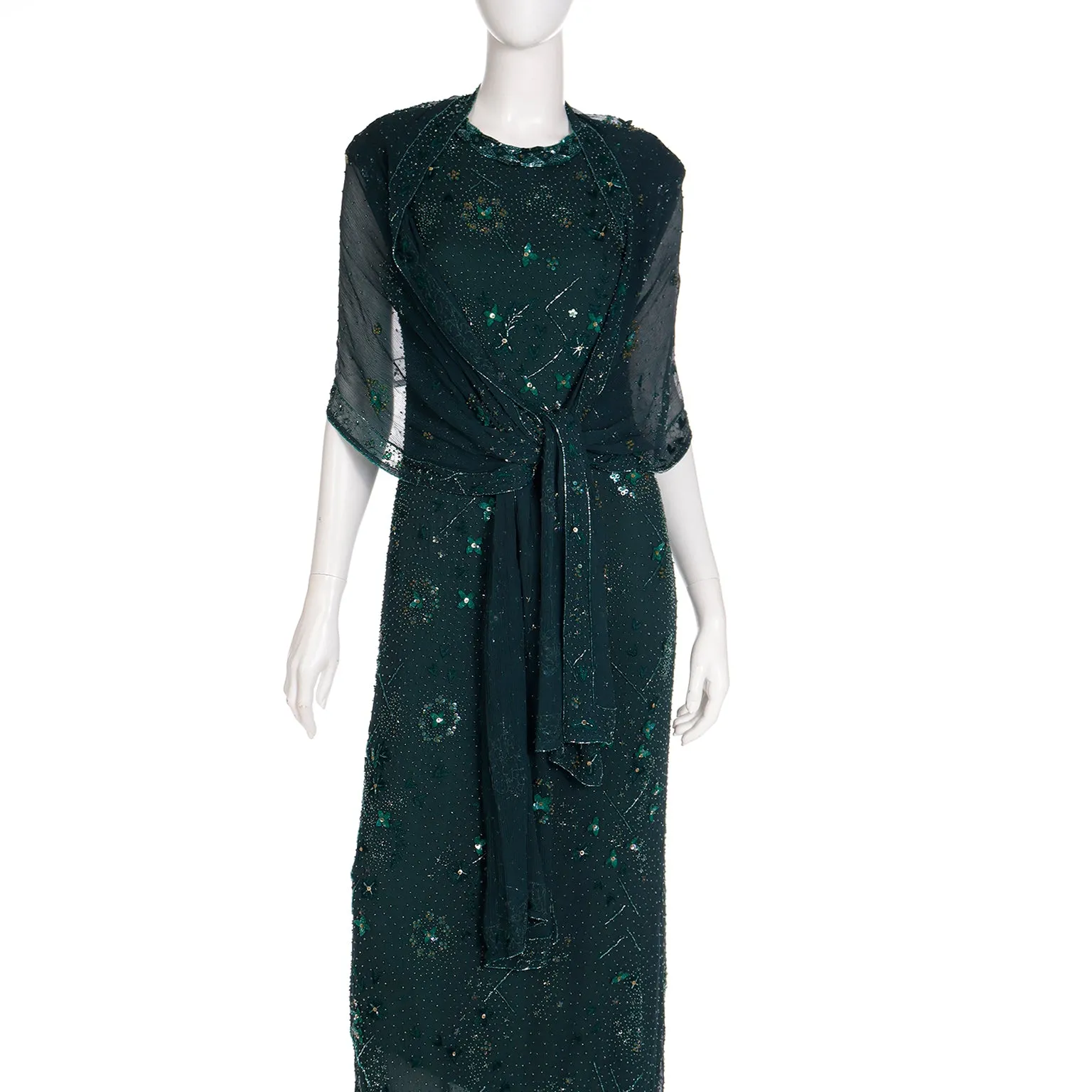 1980s Richilene Dark Green Long Dress Vintage Beaded Evening Gown w Wrap