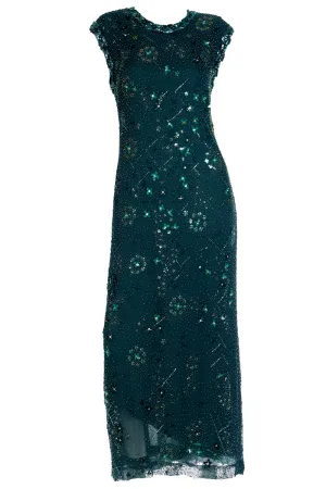 1980s Richilene Dark Green Long Dress Vintage Beaded Evening Gown w Wrap