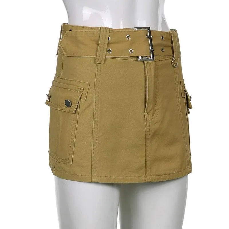 A line button cargo pocket denim mini skirt