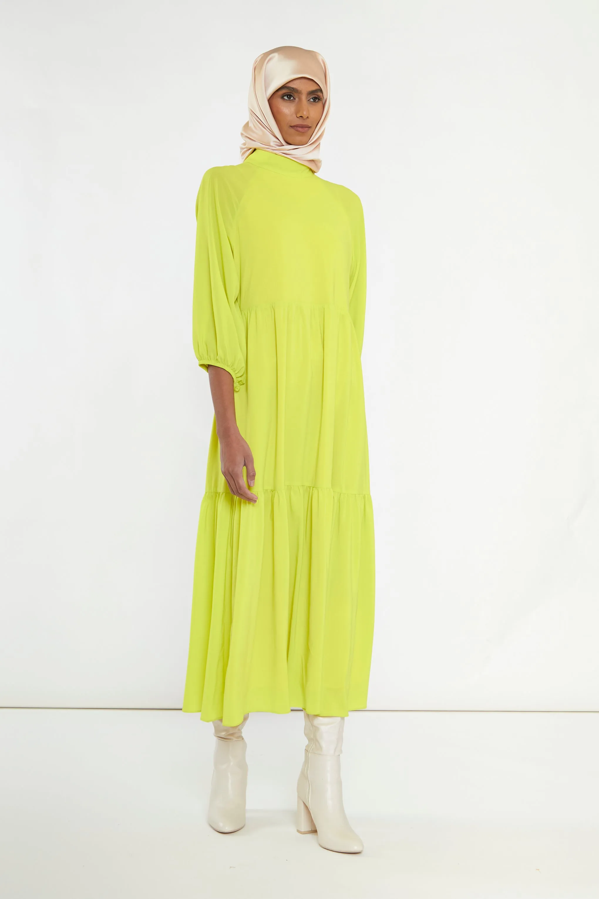 Acid-Yellow Open Back Tiered Midi-Dress