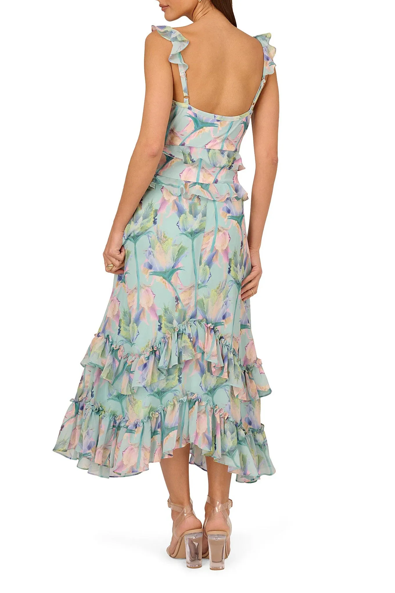 Adrianna Papell Floral Print Chiffon V-Neck Sleeveless Ruffle Trim Midi Dress