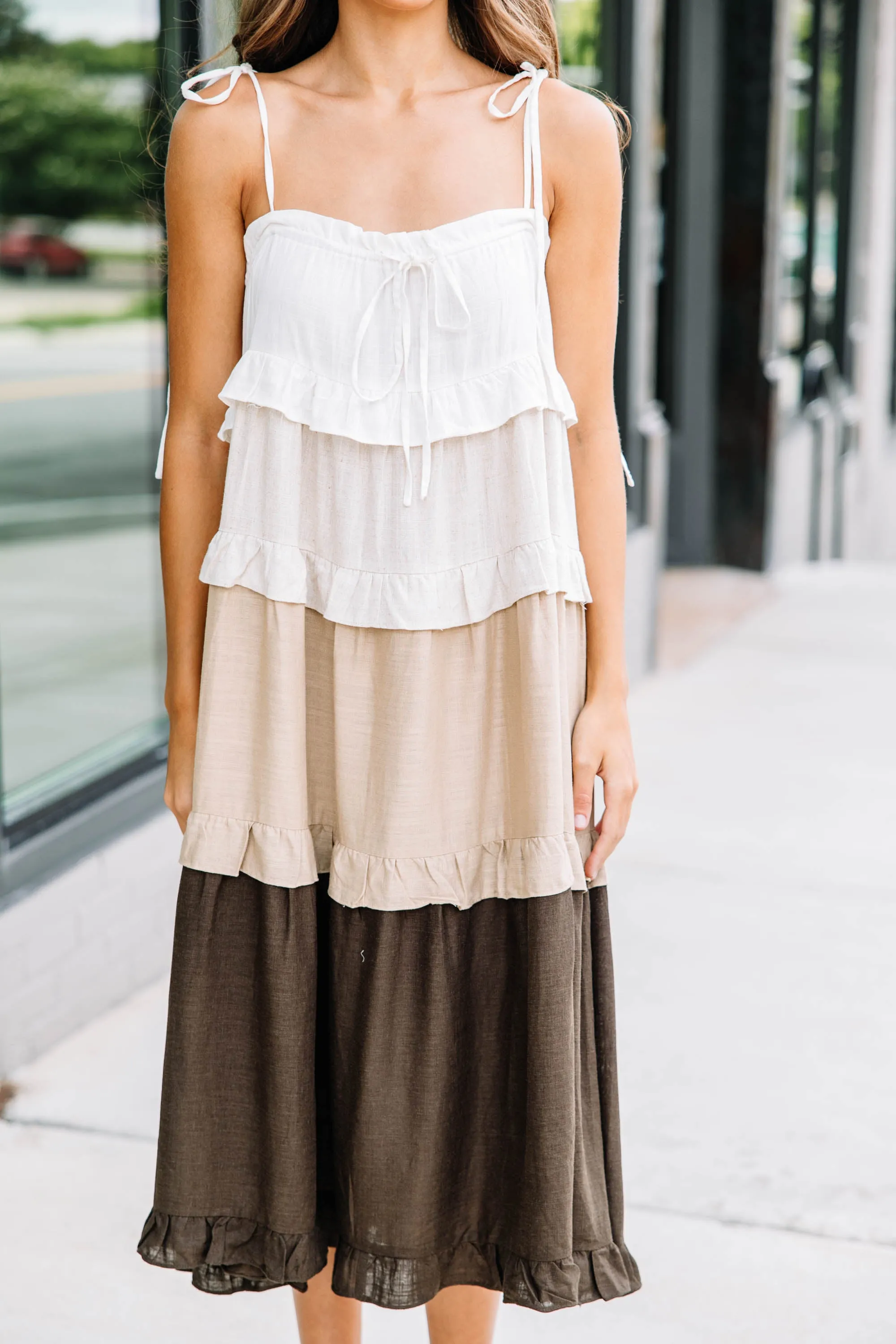 All For Fun Brown Ruffled Midi Dress