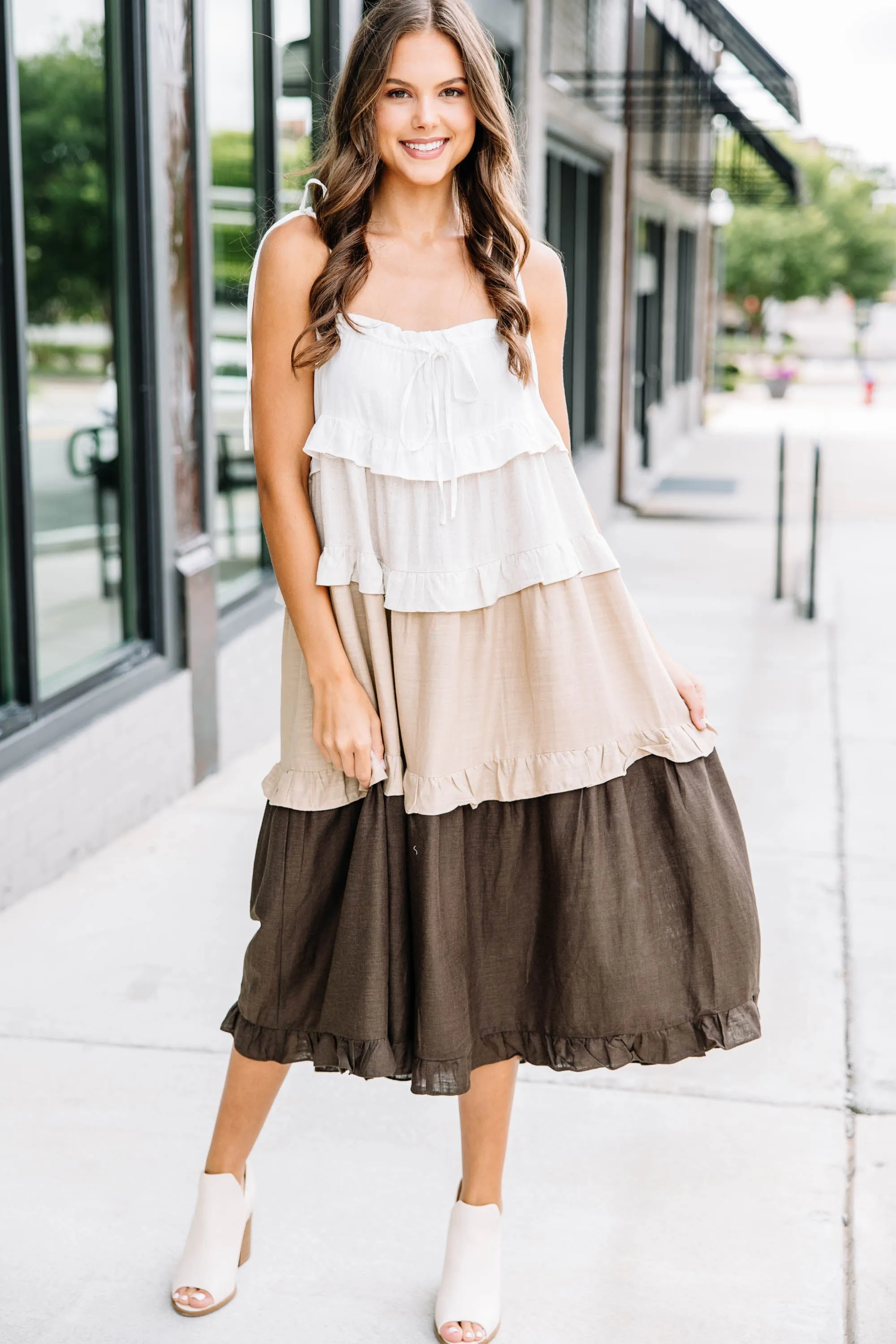 All For Fun Brown Ruffled Midi Dress