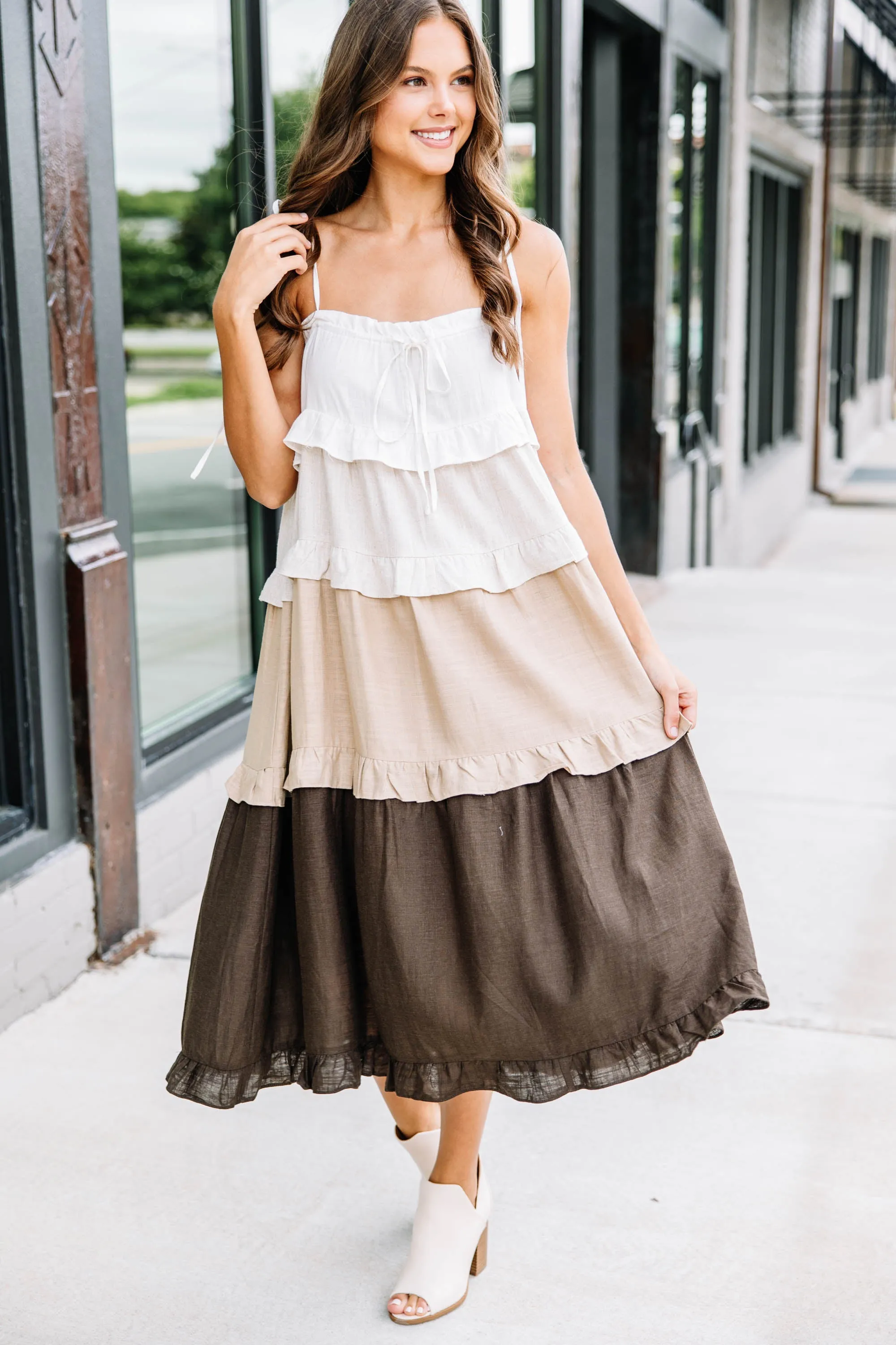 All For Fun Brown Ruffled Midi Dress