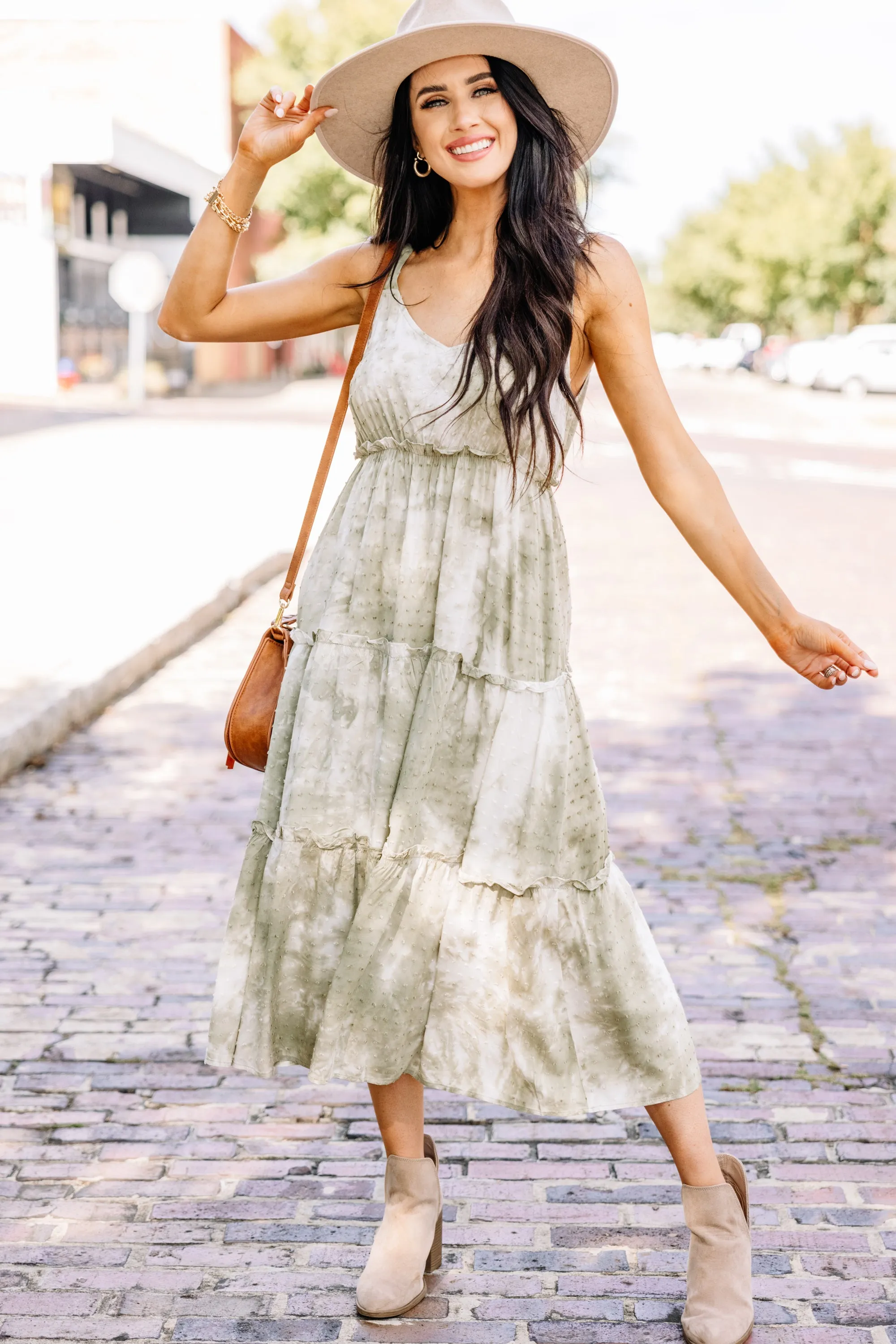 All The Above Olive Green Tie Dye Midi Dress