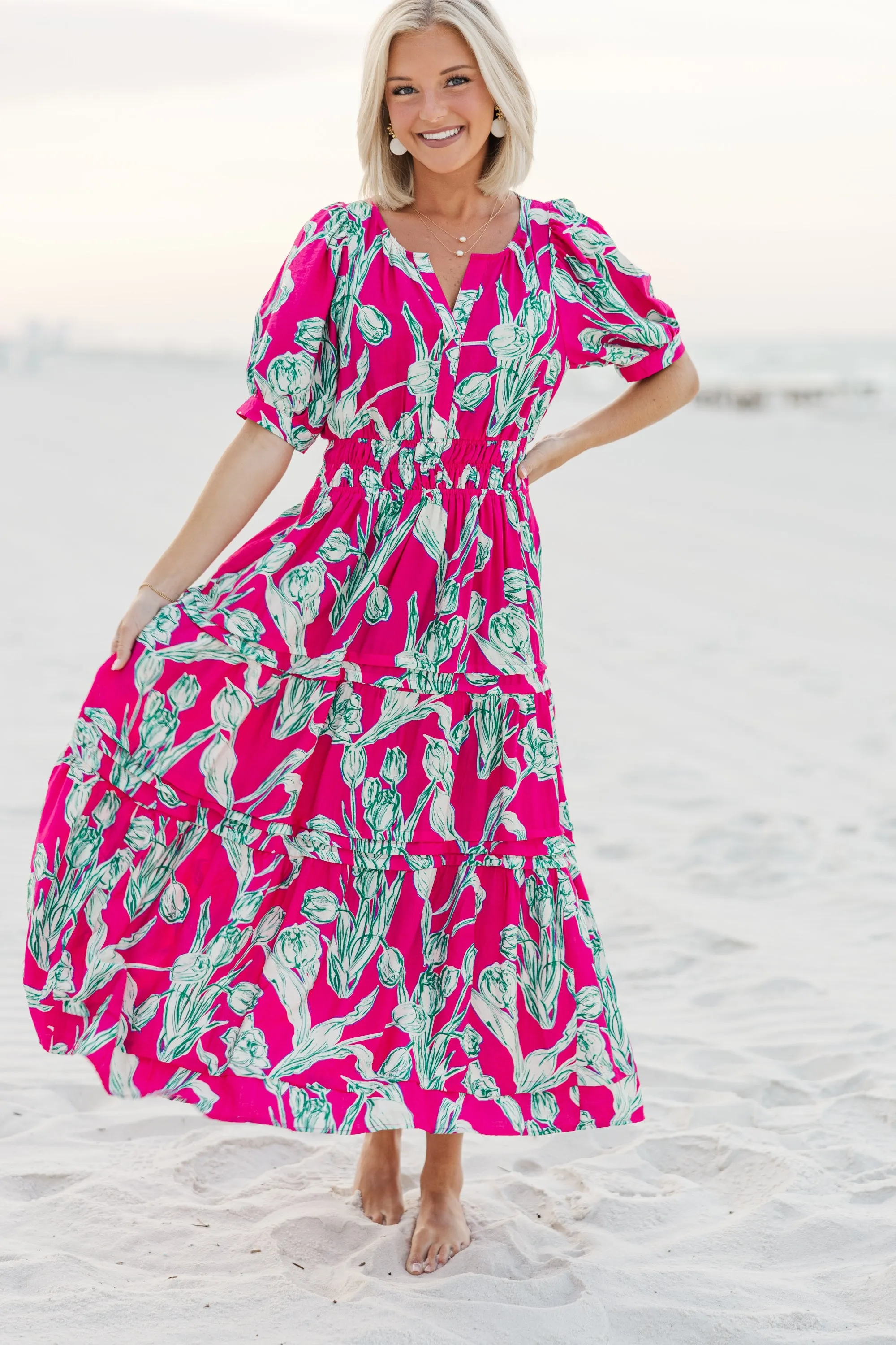 All You Hot Pink Floral Midi Dress