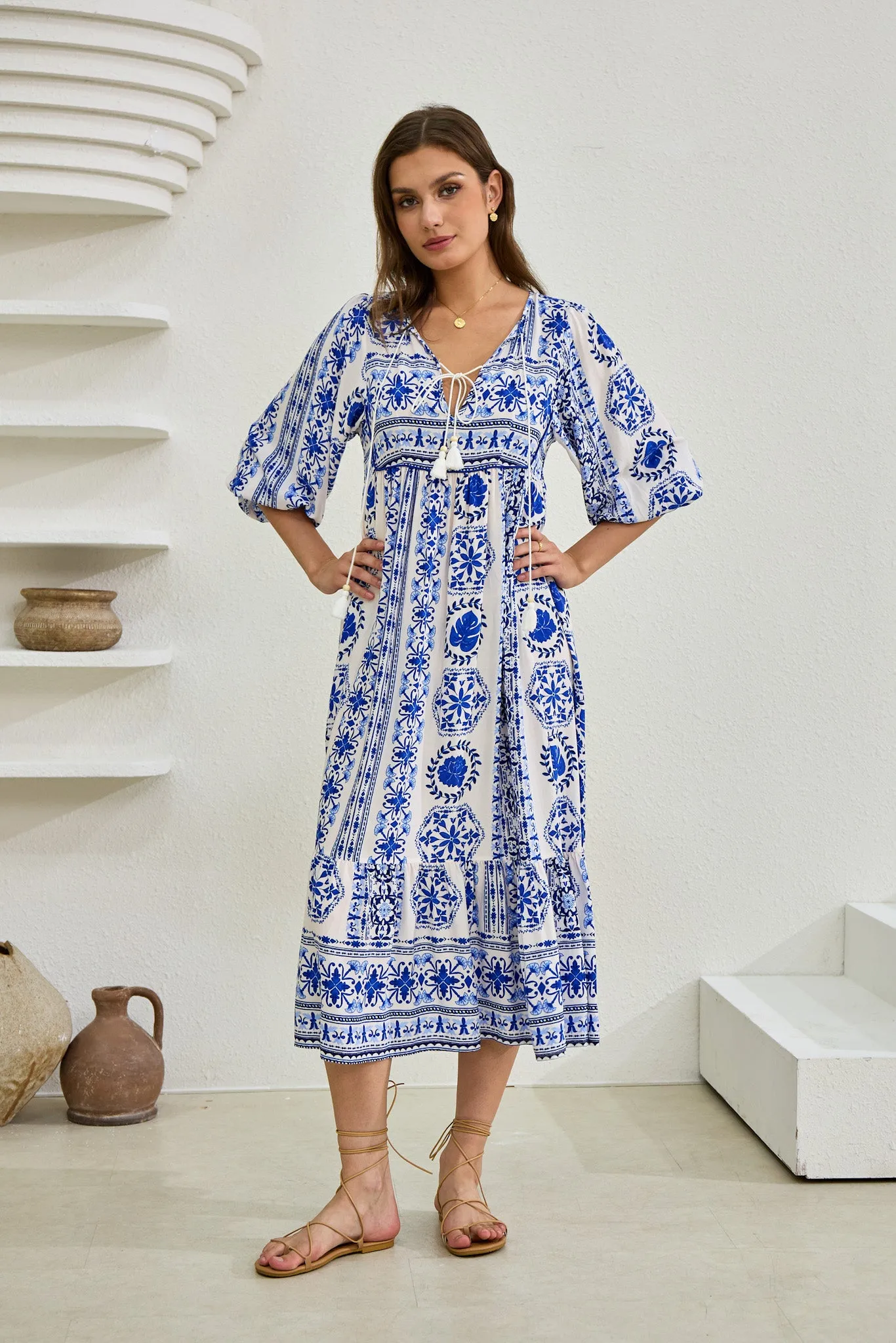 Amara Blue Boho Midi Dress