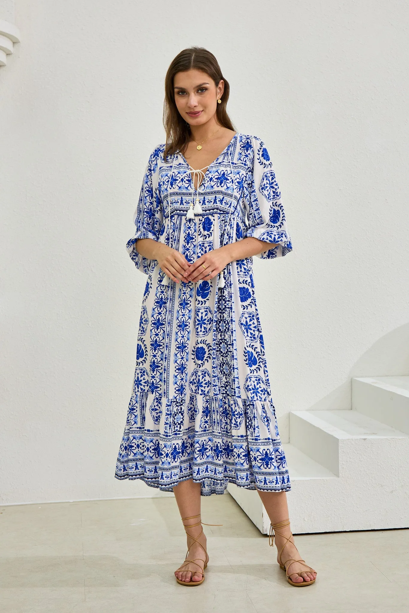 Amara Blue Boho Midi Dress