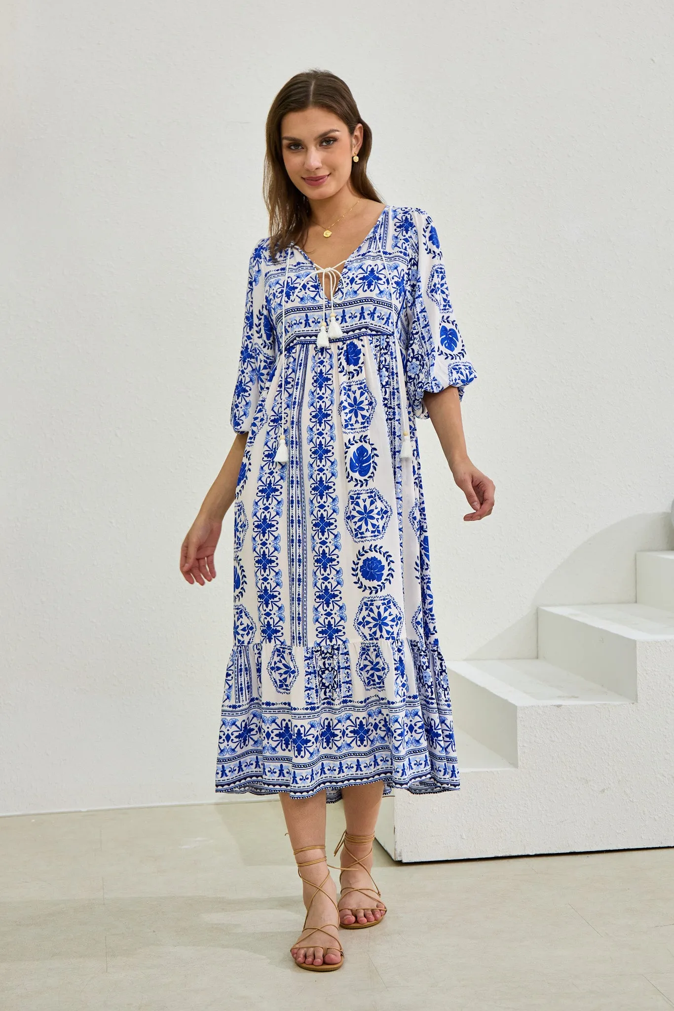 Amara Blue Boho Midi Dress