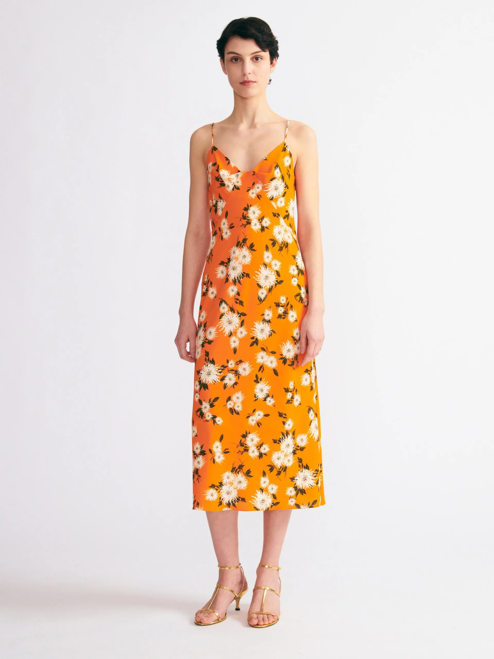 Amaris dress in orange dahlia floral print crepe georgette