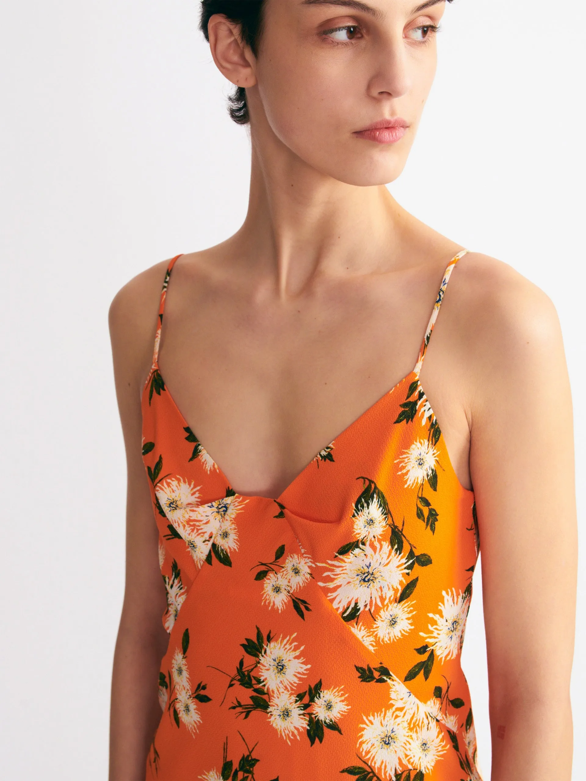 Amaris dress in orange dahlia floral print crepe georgette