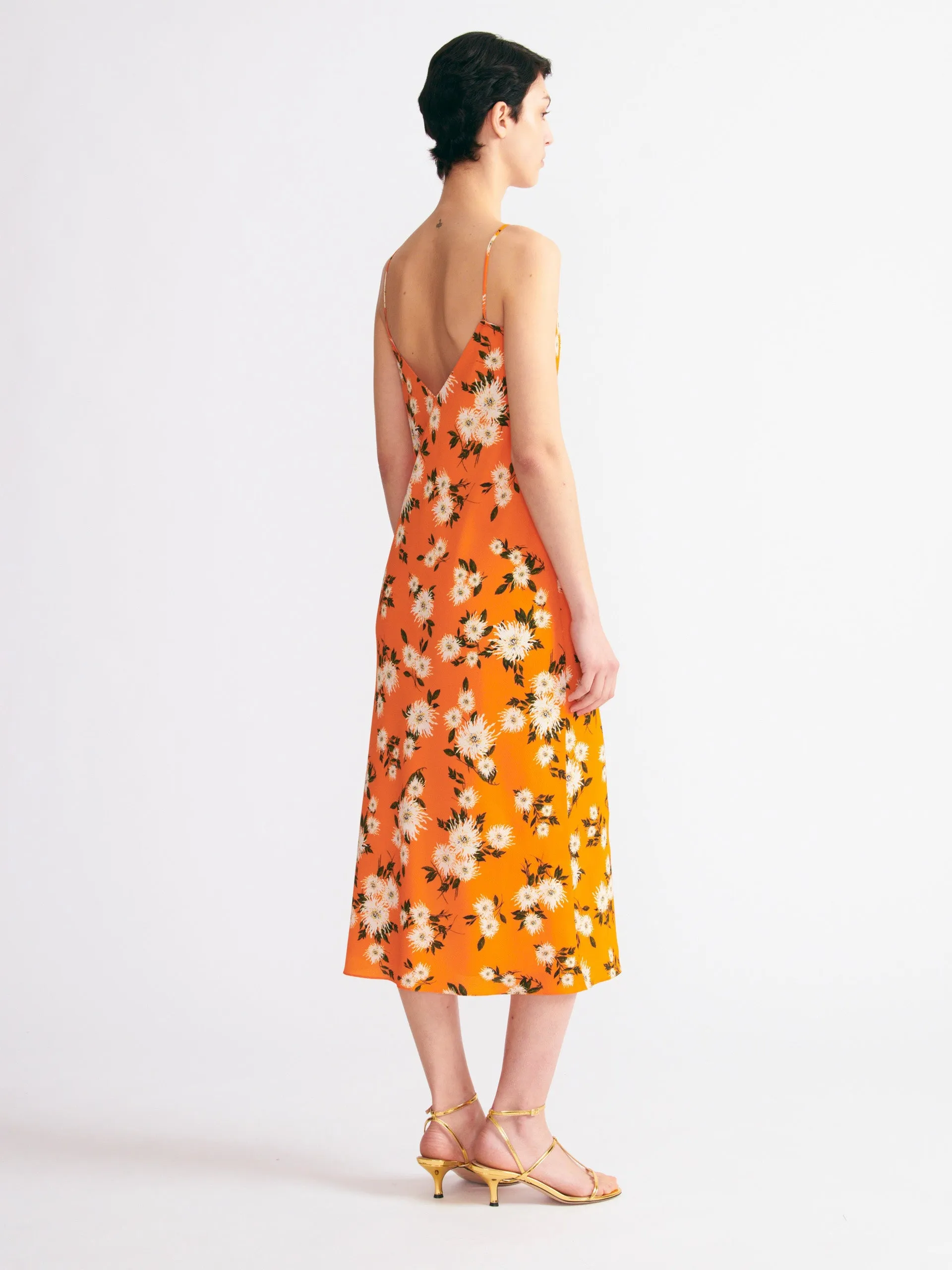 Amaris dress in orange dahlia floral print crepe georgette