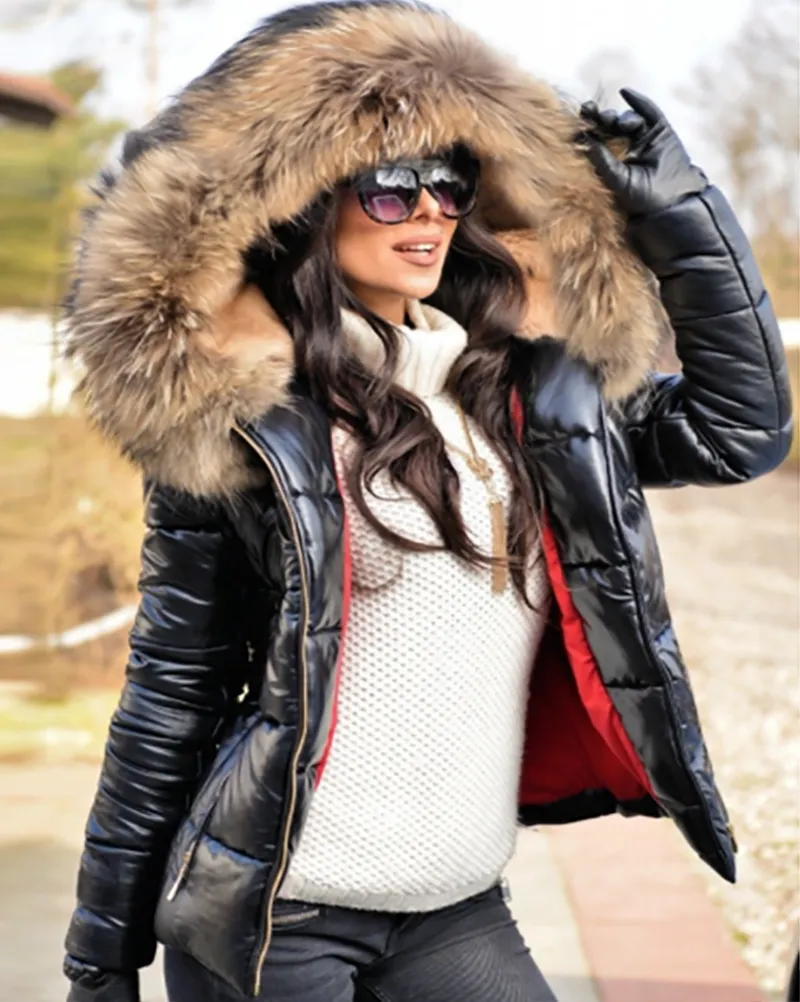 Aofur Womens Ladies Quilted Winter Coat Fur Collar Hooded Down Jacket Parka Outerwear S-XXXL