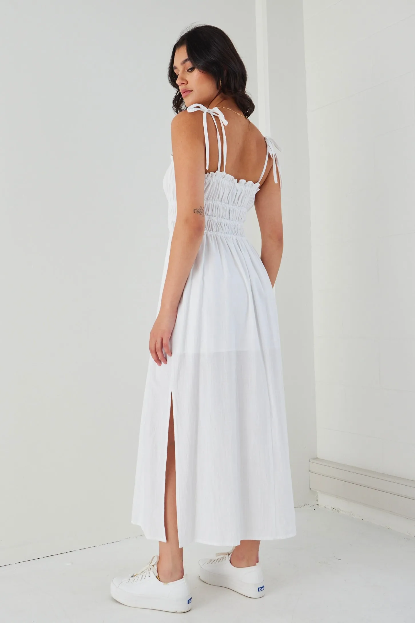 Arcadia White Cotton Gathered Tie Strap Midi Dress