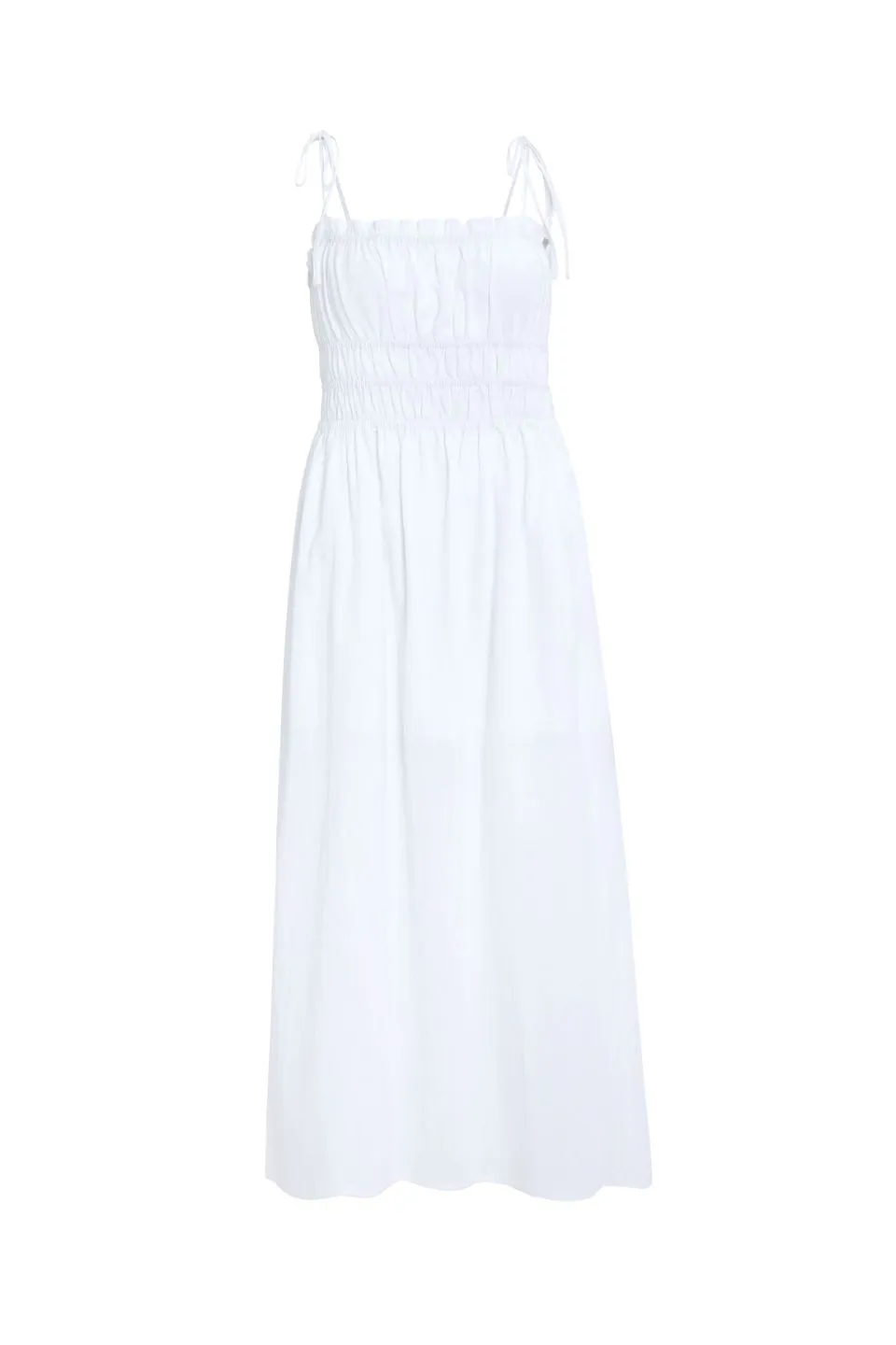 Arcadia White Cotton Gathered Tie Strap Midi Dress