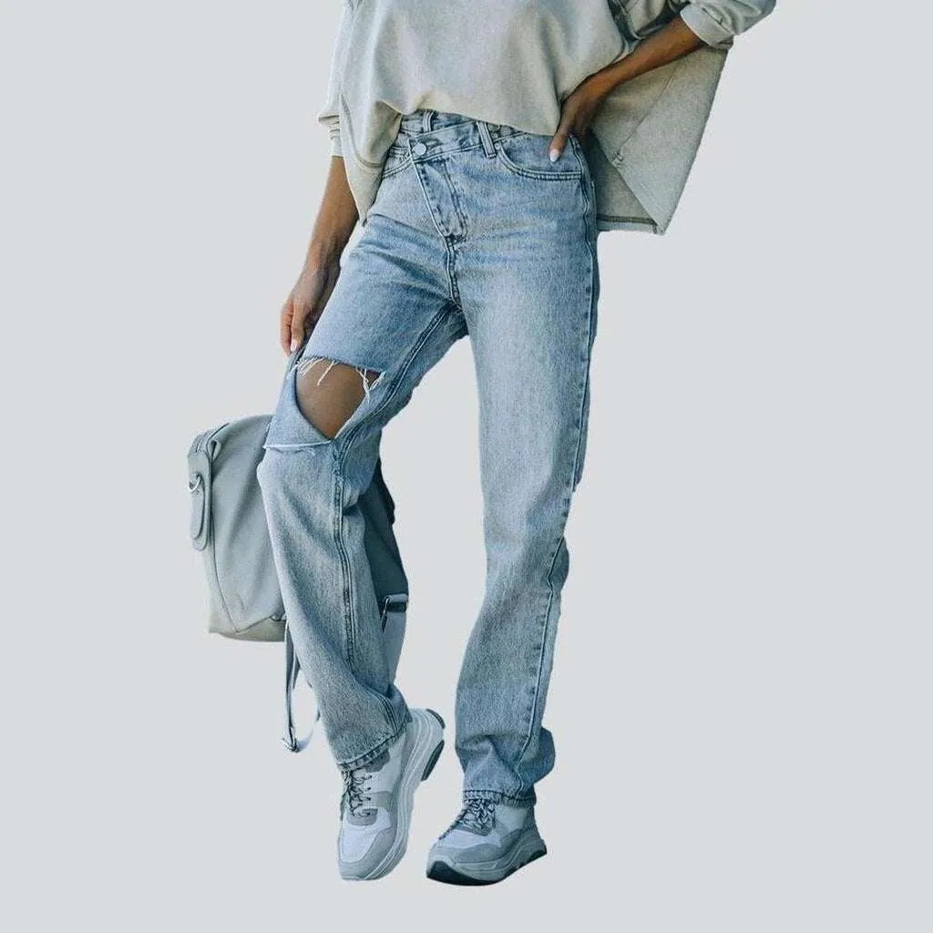 Asymmetric distressed wide leg jeans