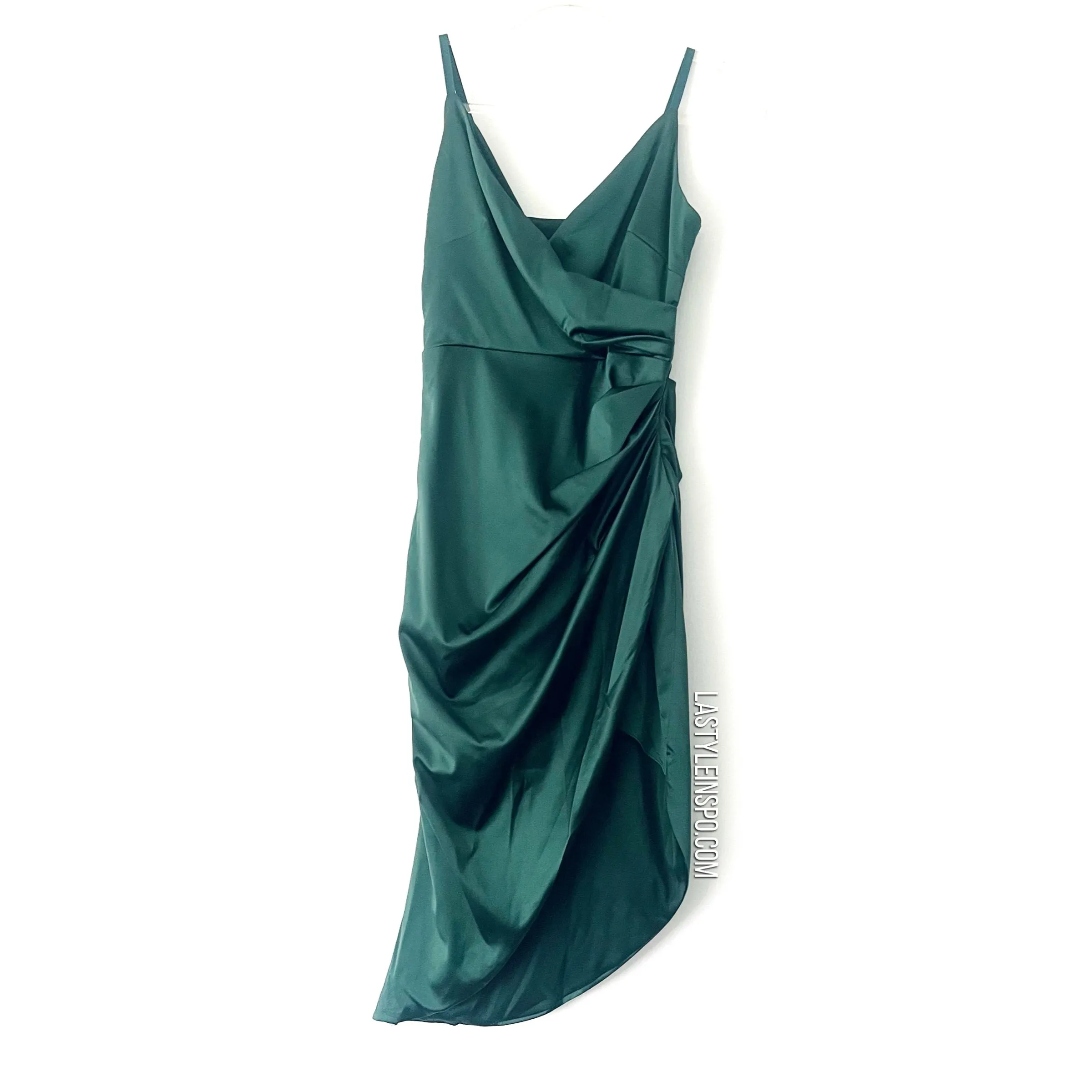 Asymmetrical Emerald Green Satin Dress Side Cut V Neck Size XS/S