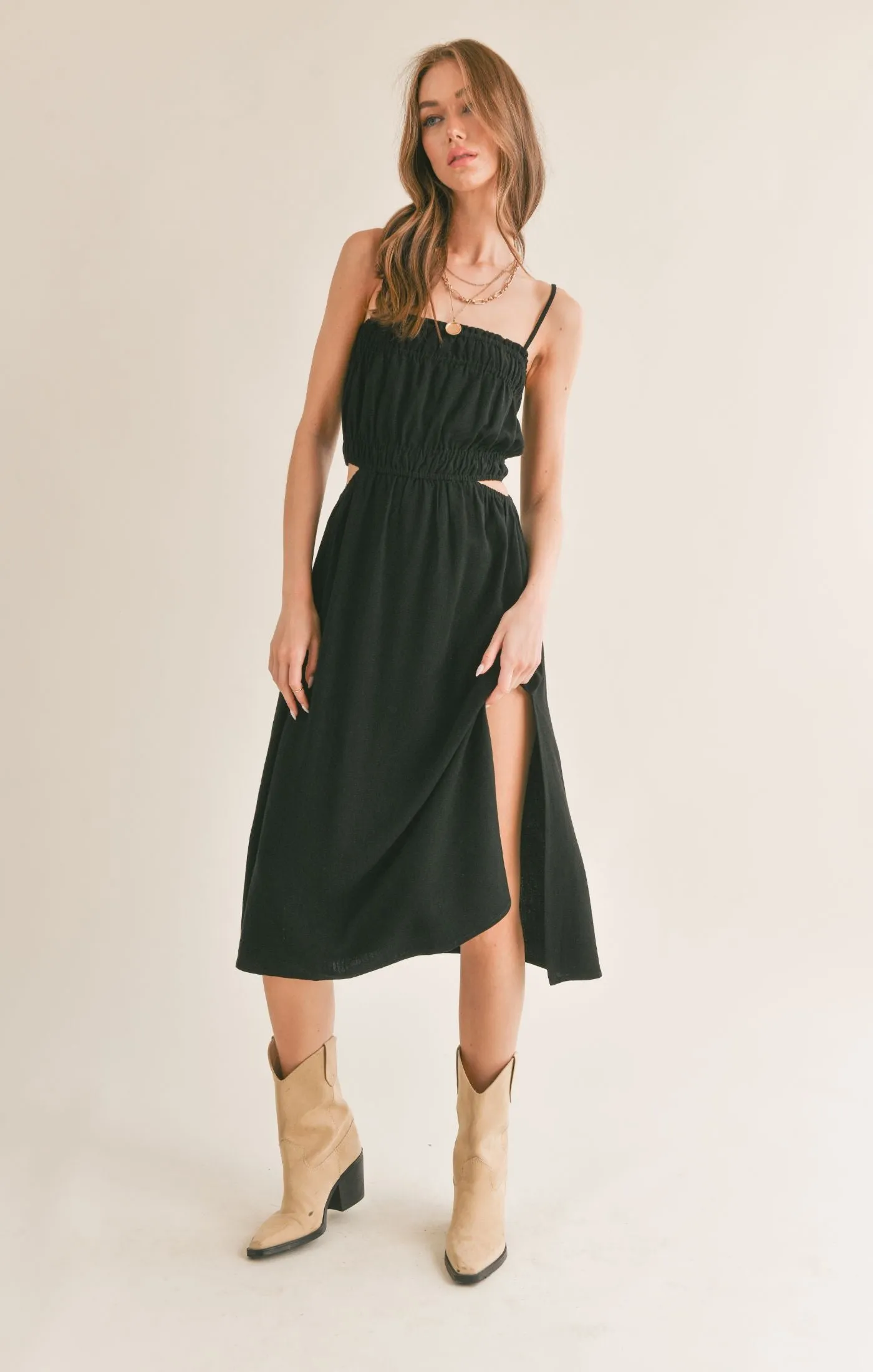 At Ease Linen Blend Side Cutout Midi Dress