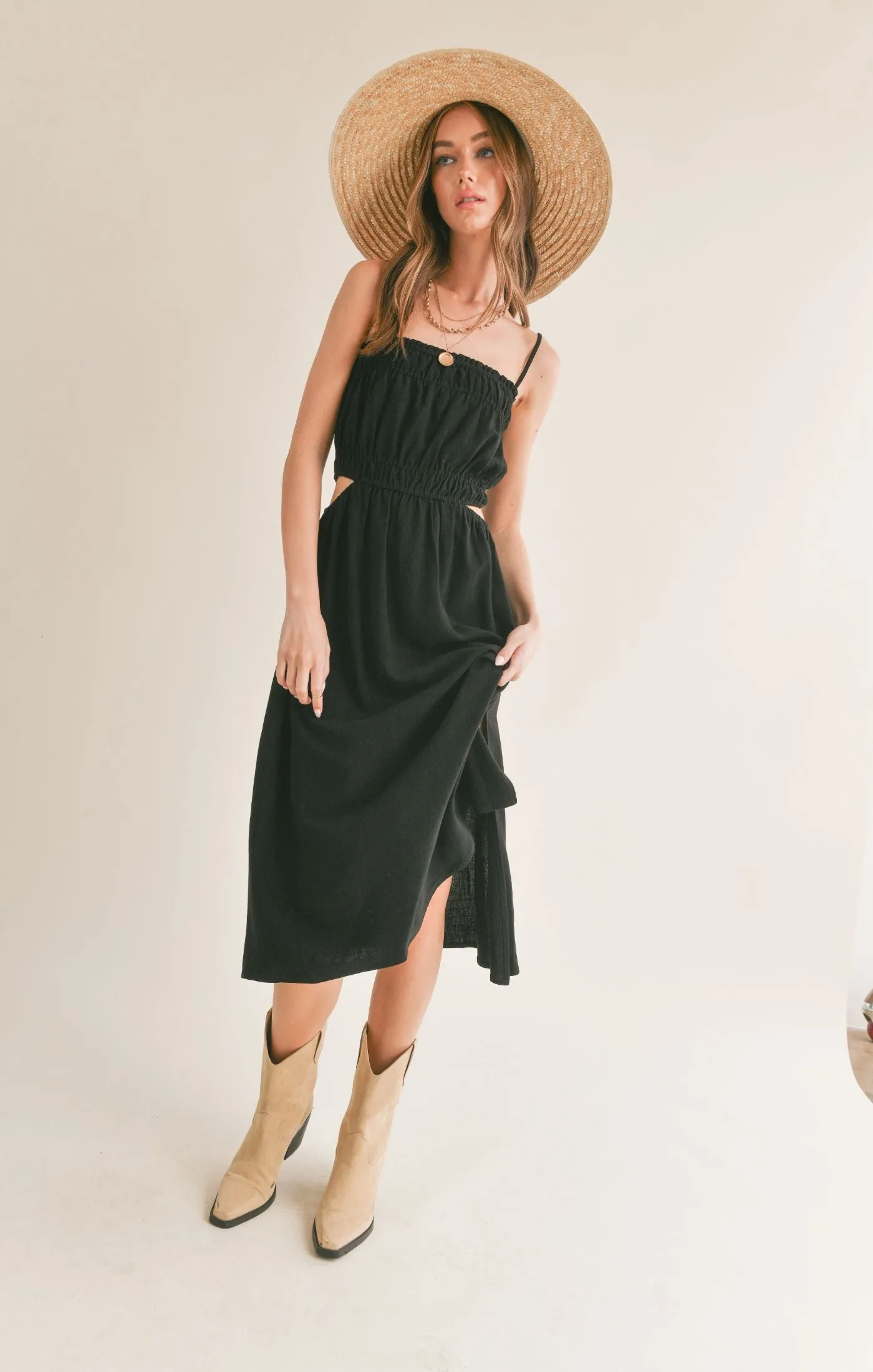 At Ease Linen Blend Side Cutout Midi Dress