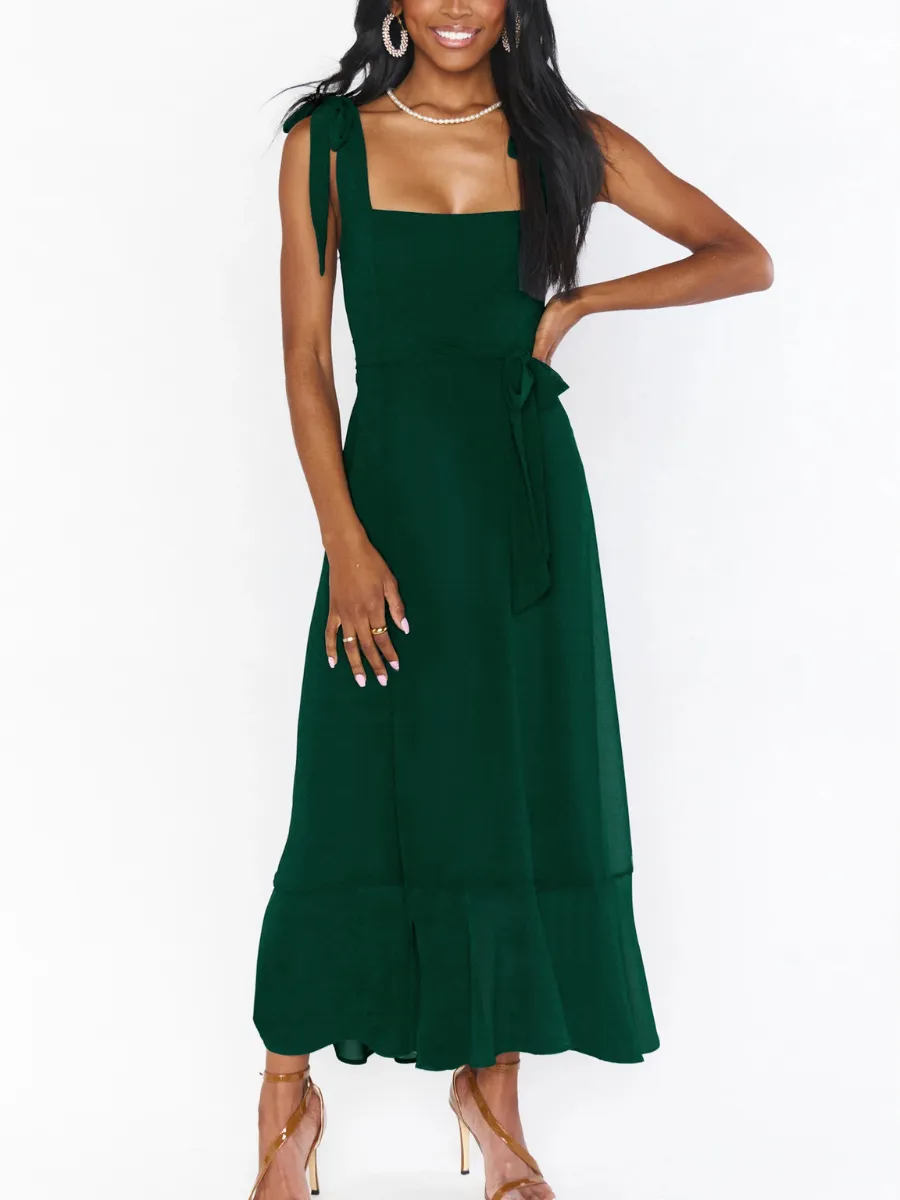 AVIANCA SHOULDER TIE BRIDAL MIDI DRESS - EMERALD