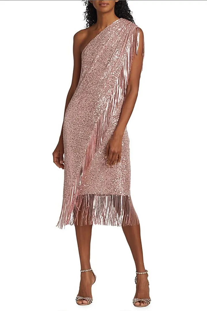 Badgley Mischka asymmetrical one shoulder sequin fringe cocktail dress