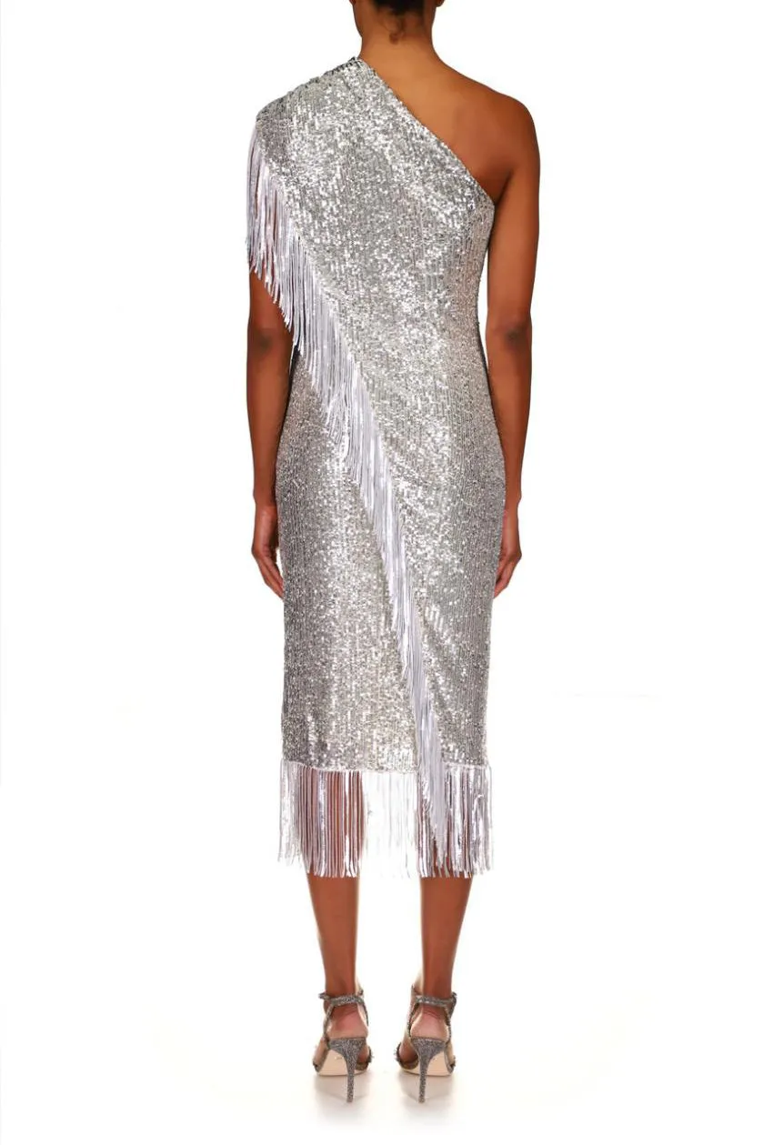 Badgley Mischka asymmetrical one shoulder sequin fringe cocktail dress