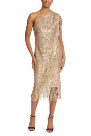 Badgley Mischka asymmetrical one shoulder sequin fringe cocktail dress