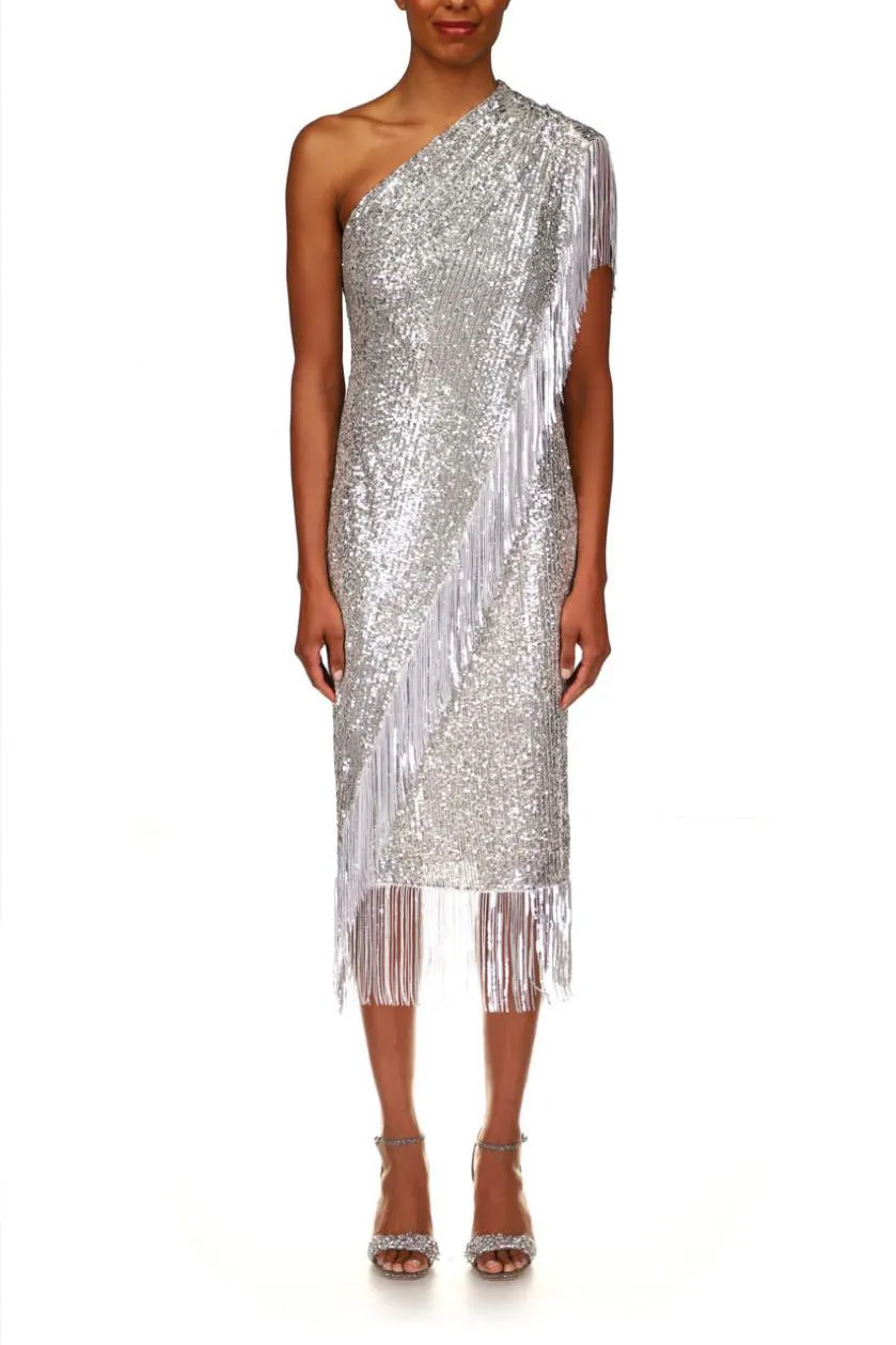 Badgley Mischka asymmetrical one shoulder sequin fringe cocktail dress