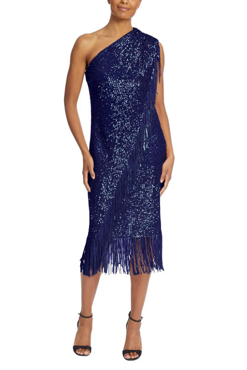 Badgley Mischka asymmetrical one shoulder sequin fringe cocktail dress