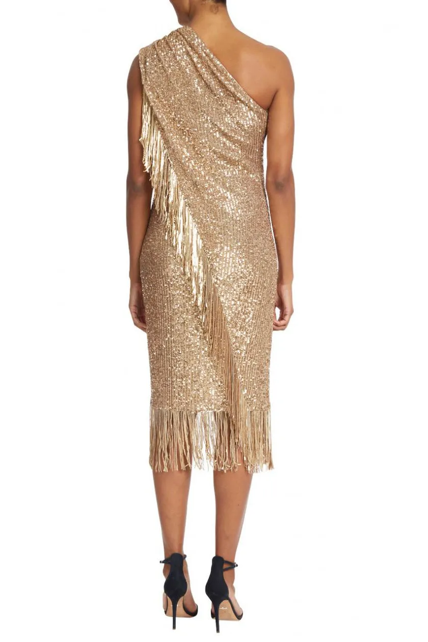 Badgley Mischka asymmetrical one shoulder sequin fringe cocktail dress