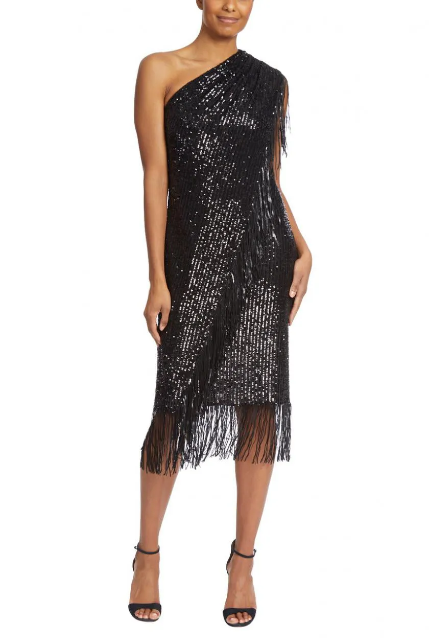 Badgley Mischka asymmetrical one shoulder sequin fringe cocktail dress