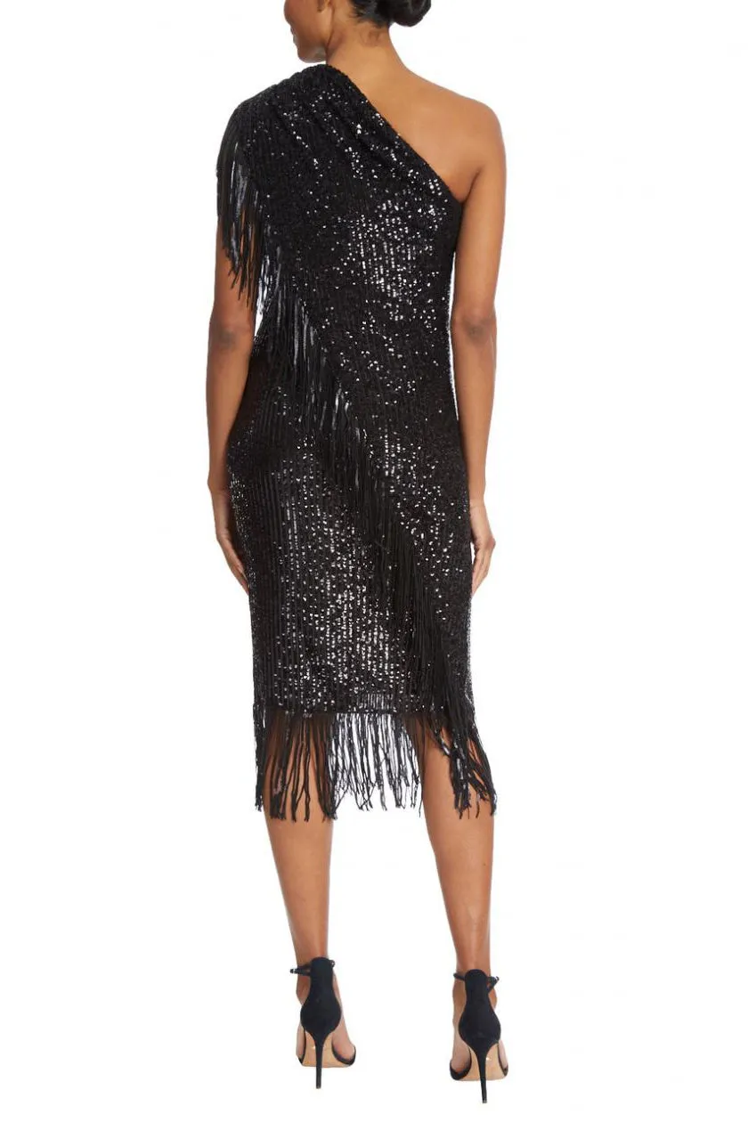 Badgley Mischka asymmetrical one shoulder sequin fringe cocktail dress