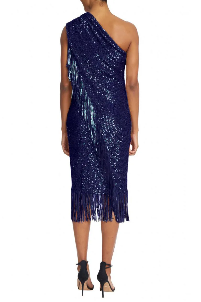 Badgley Mischka asymmetrical one shoulder sequin fringe cocktail dress