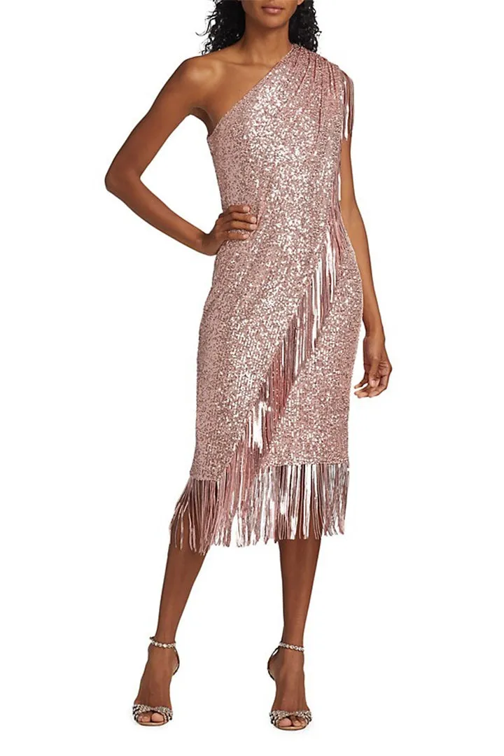 Badgley Mischka asymmetrical one shoulder sequin fringe cocktail dress