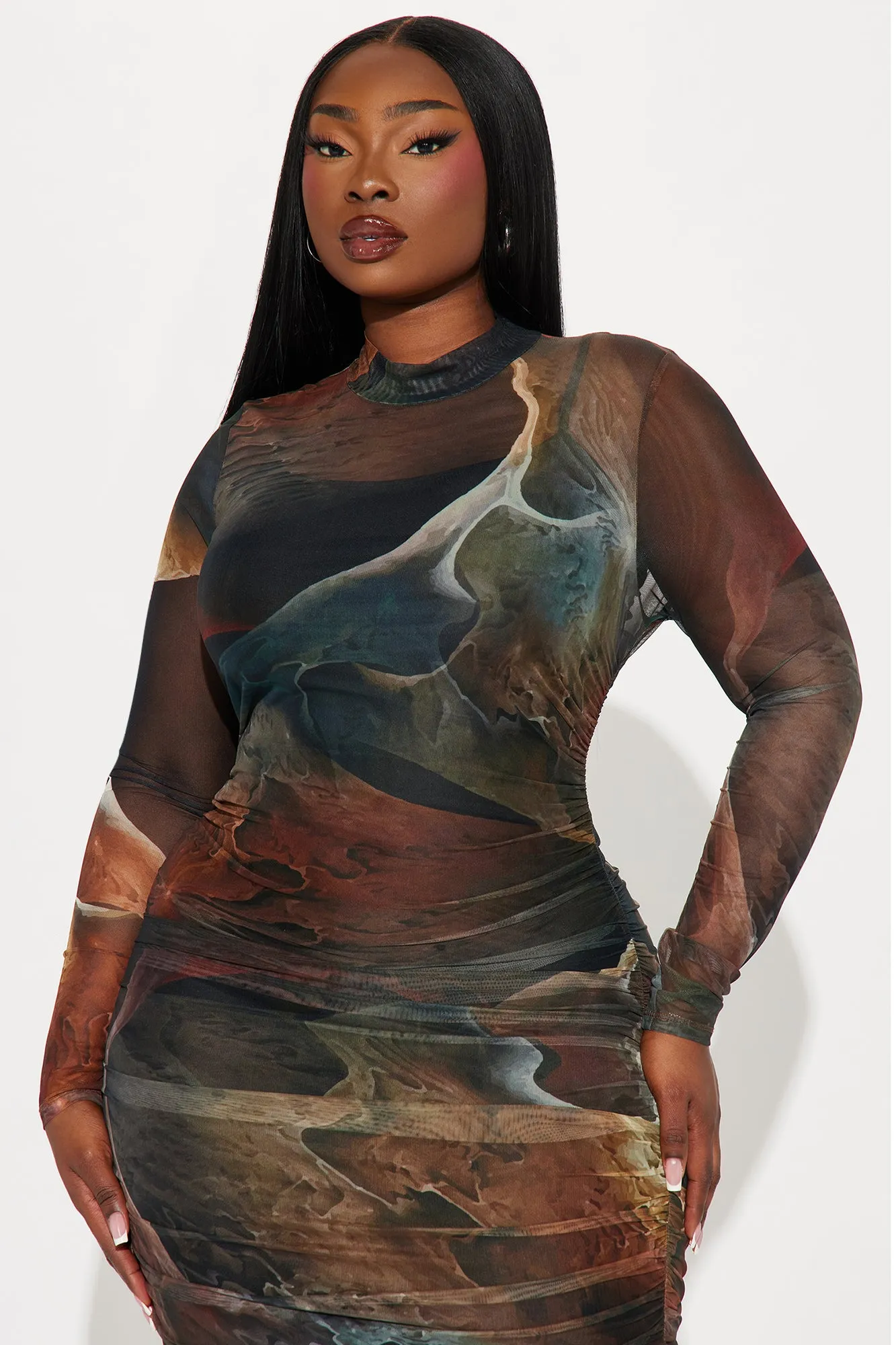 Bailey Mesh Midi Dress - Brown Combo