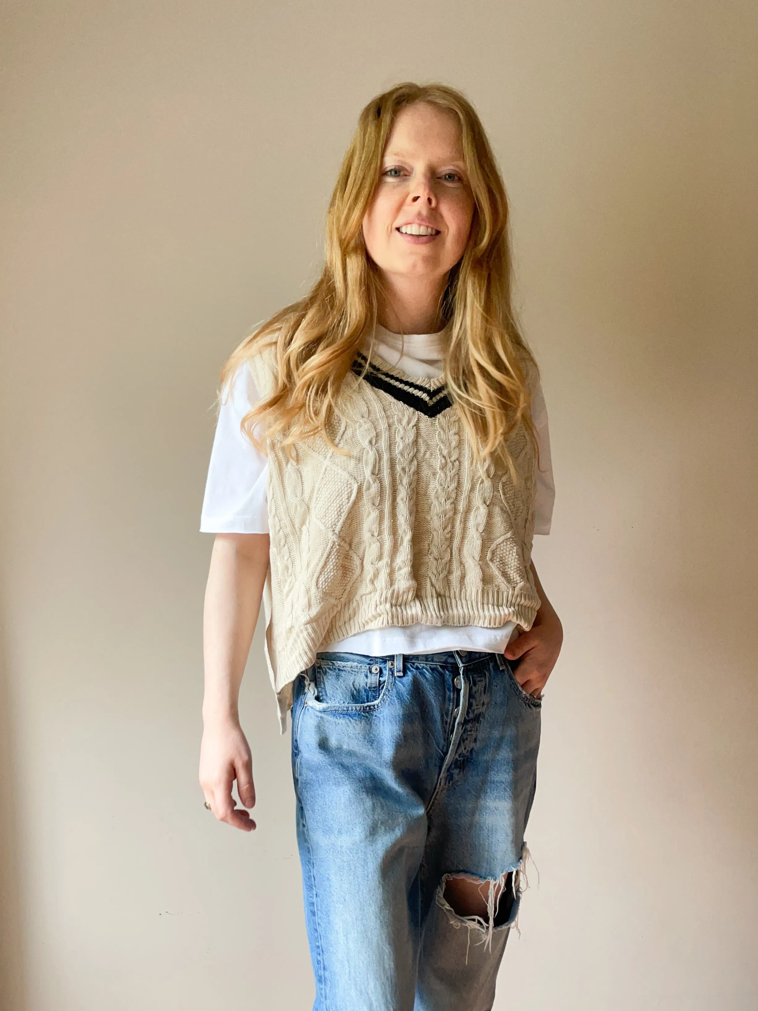 Beige V-Neck Hi-Low Knitted Vest Top - L/XL